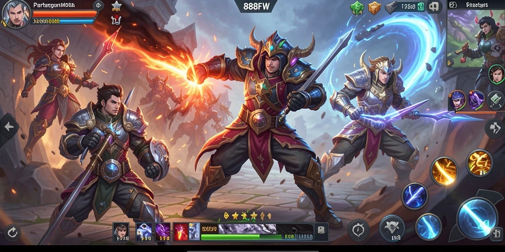 Tampilan gameplay epik 888FW dalam pertempuran tim.