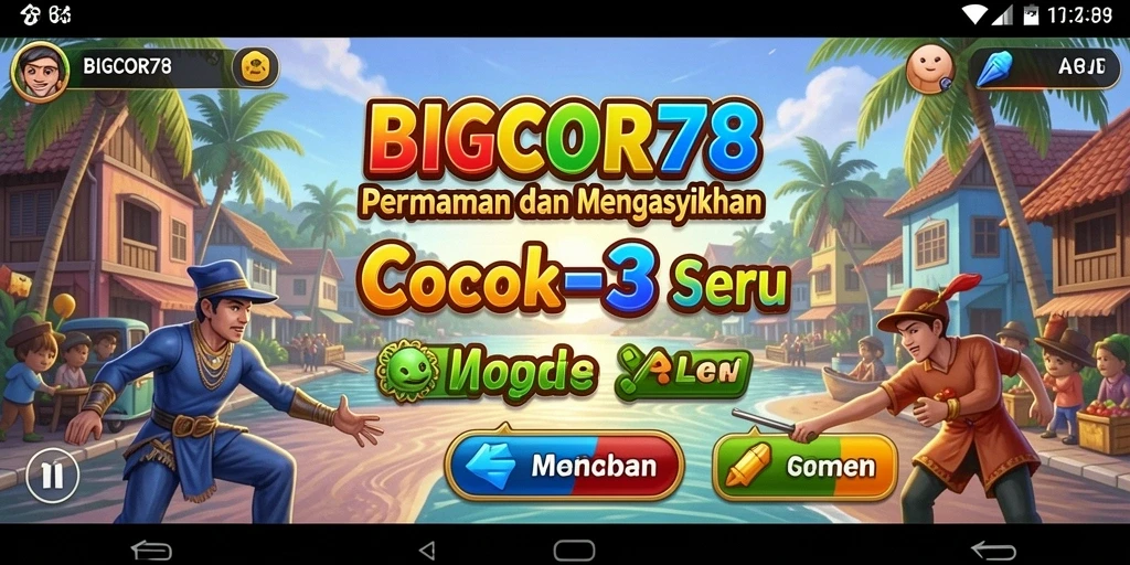 Tampilan gameplay <strong>BIGCOR78</strong> dengan kombinasi warna cerah dan tantangan match-3.