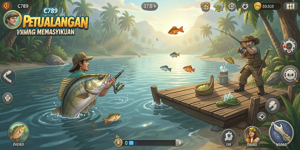 Tampilan gameplay C789 saat menangkap ikan di danau yang indah.