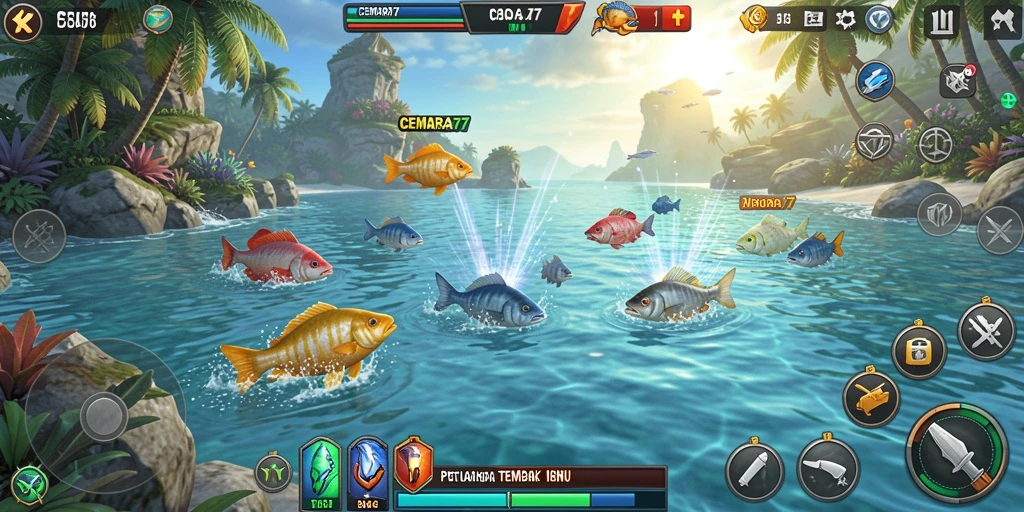 Tampilan gameplay CEMARA77 dengan aksi menembak ikan yang mendebarkan.