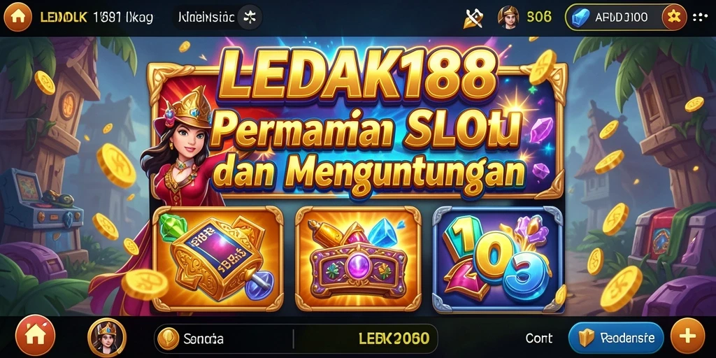 Tampilan gameplay LEDAK188 dengan gulungan slot yang penuh warna.