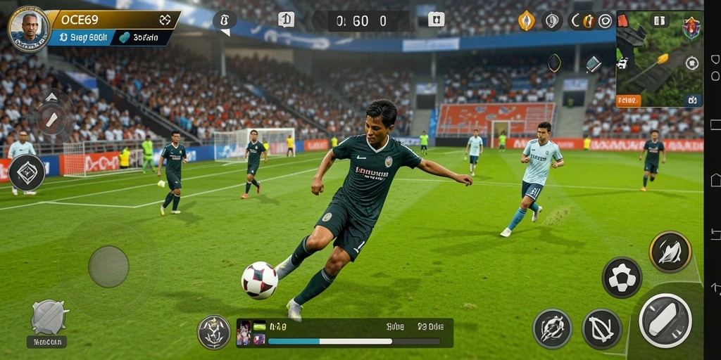 Tampilan gameplay OCE69 dengan aksi sepak bola yang mendebarkan.