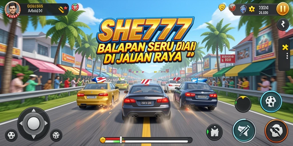 Screenshot utama SHE777 menampilkan balapan yang mendebarkan dan grafik menawan.