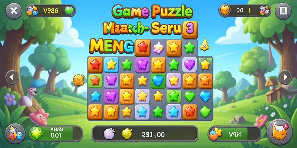 Tampilan gameplay menantang di V98 dengan elemen-elemen ceria.