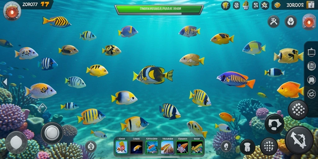 Tangkapan layar gameplay ZORO77 yang menampilkan aksi menembak ikan.